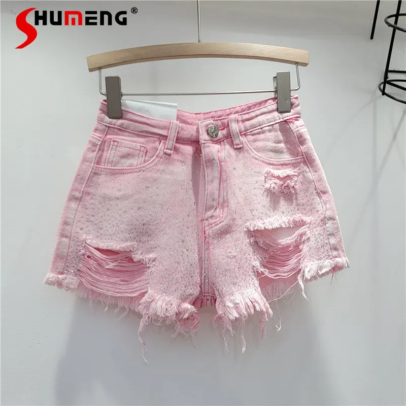 

2023 Summer New Ripped Rhinestone Denim Shorts Women's Loose Slimming A-Line Wide Leg Short Jeans Thin High Waist Sexy Hot Pants