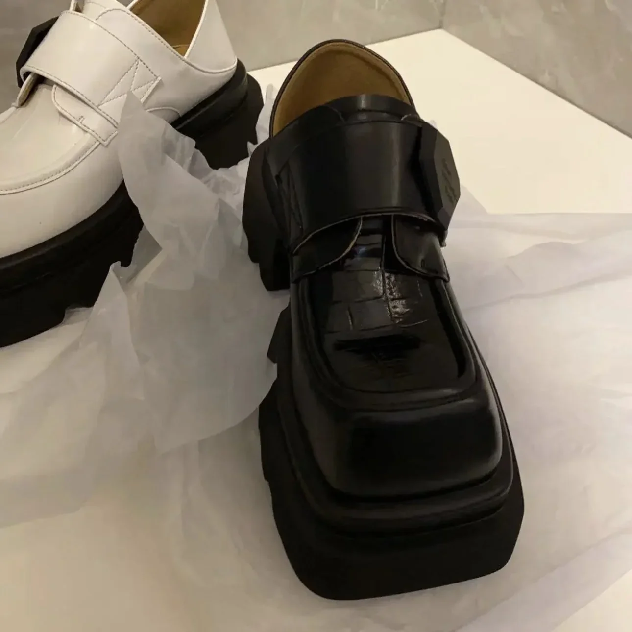 Women's 6Cm Thick-Soled Black/white Shoes Genuine Leather Square Toe Loafers Belt Buckle Fashion 2026 Spring New Shoes