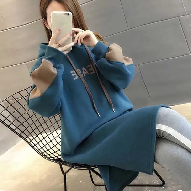 Fashion Spliced Loose Printed Letter Hoodies Sweatshirts Women\'s Clothing 2023 Winter Oversized Korean Tops Casual Sweatshirts