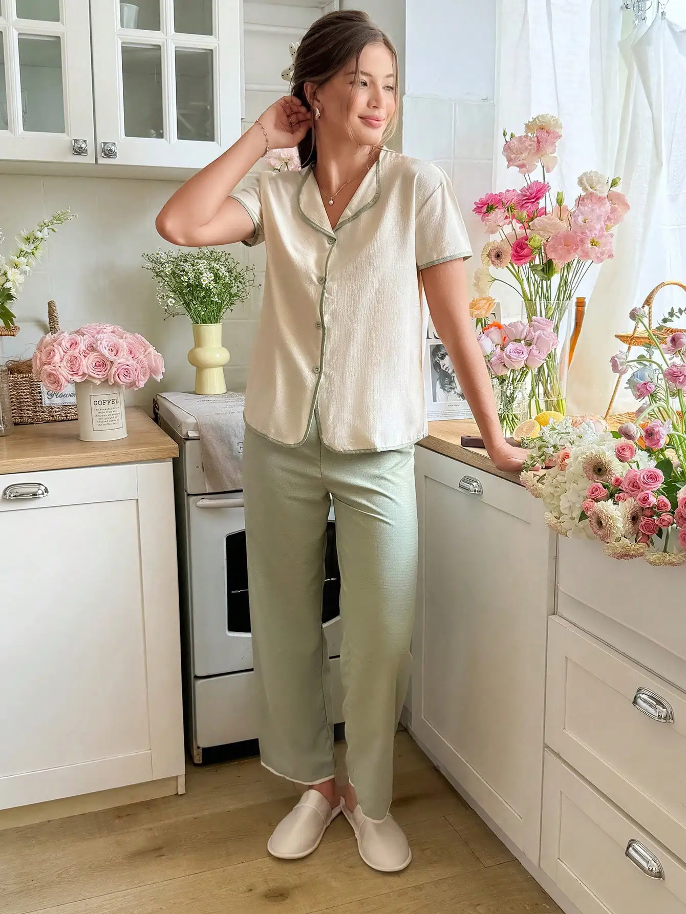 

Snug Reverie Women Ribbed Trim Single-Breasted Short Sleeve Top And Pants Pajama Set Lounge Set
