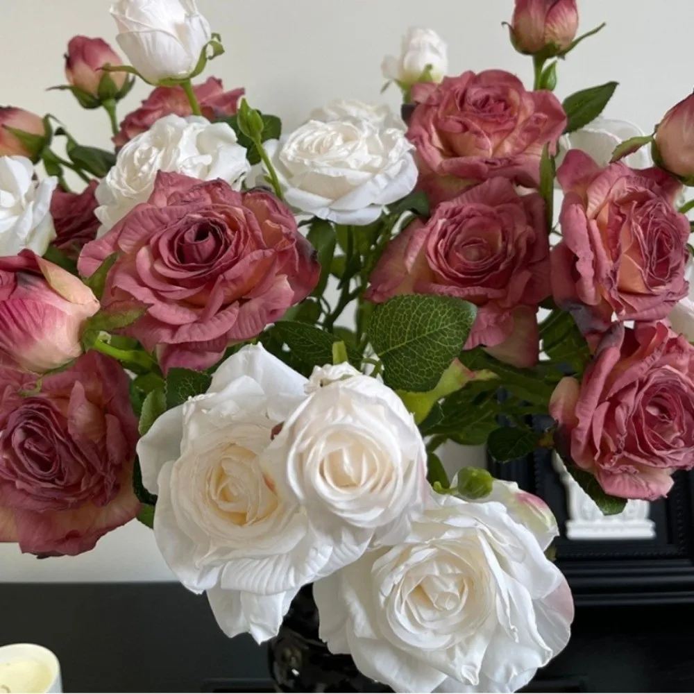 

New Burnt Edge Rose Artificial Rose Branch 55cm 3 Heads Simulation Rose Vintage Style Silk Fake Bouquet Home Decoration