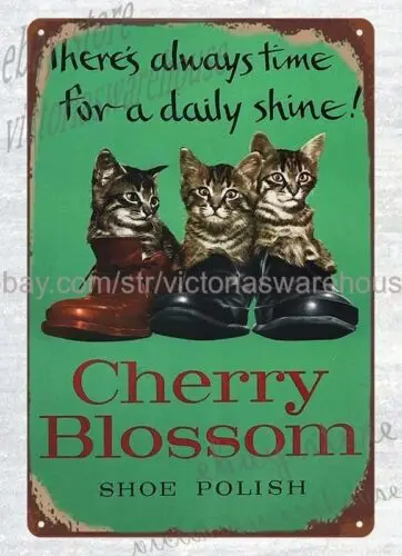 CHERRY BLOSSOM SHOE POLISH cat kitten metal tin sign plaque home wall decor