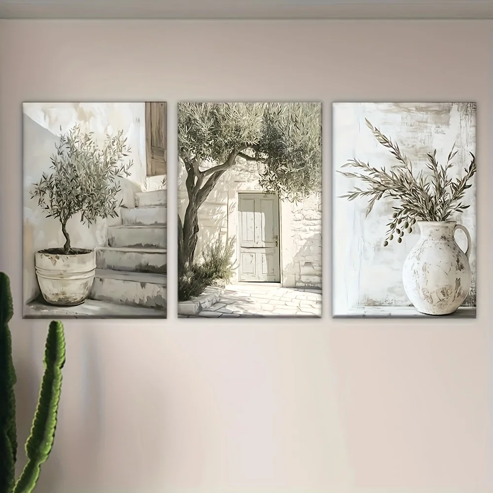 Póster de lienzo plano 2D sin marco, olivo de arte Retro, impresiones artísticas de pared de paisaje mediterráneo, decoración de pared del pasillo de la cocina del dormitorio