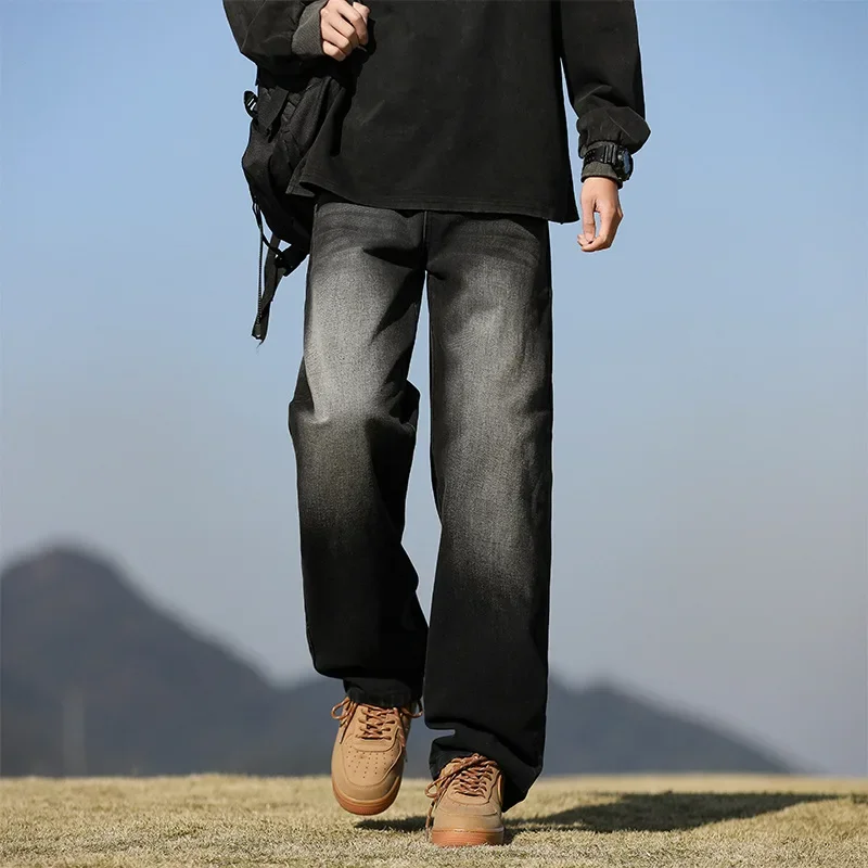 

Американские винтажные джинсы 2025 года: новые модные мужские повседневные свободные прямые широкие однотонные джинсовые брюки, простые мужские джинсы