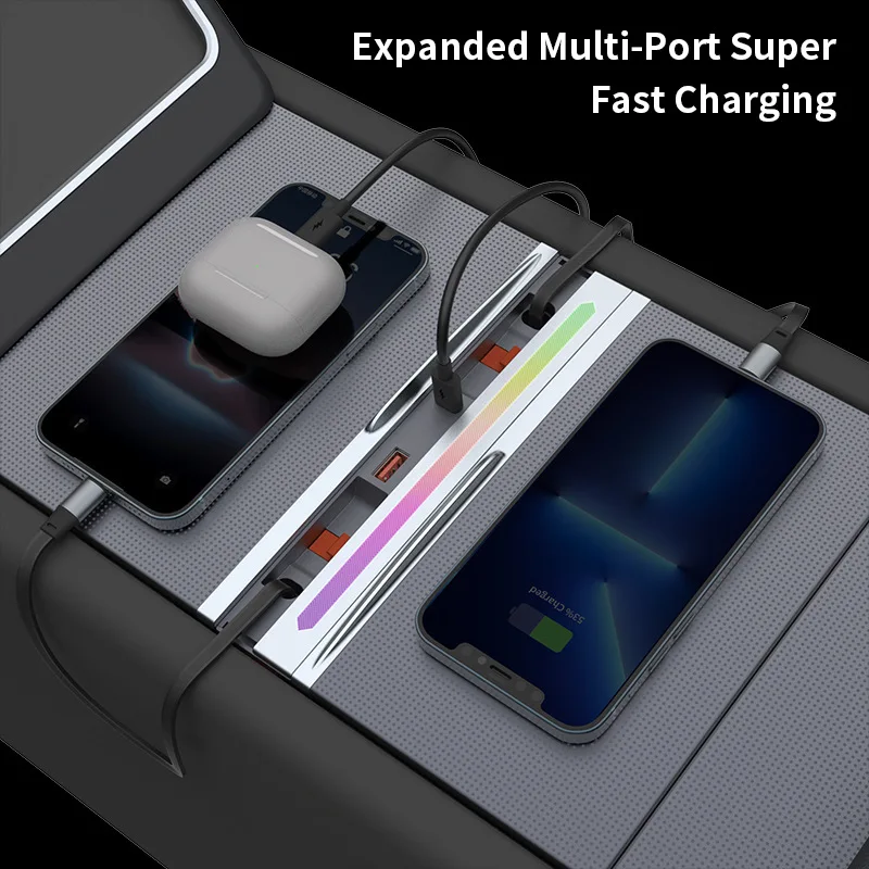 Fast Charger Car Armrest Docking Station for Tesla Model 3 Highland Model Y Juniper,Sliding Dust Cover Music Ambient Light view 2