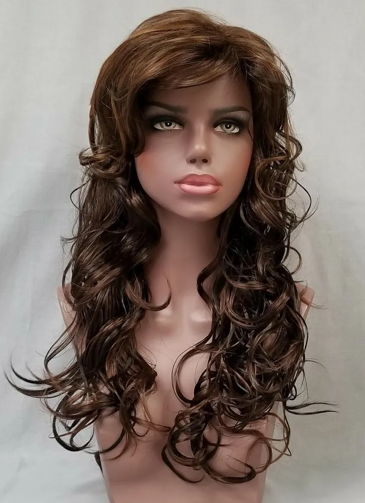 Peruca feminina de 22 polegadas de comprimento, grande, cacheado, ondulado, camada de cabelo com franja