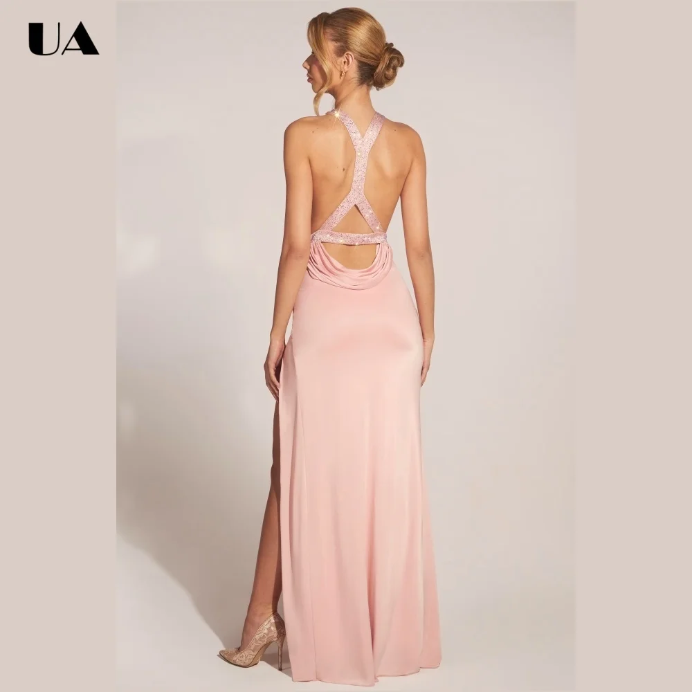 ULBYANRY Glamarous Embellished Slim fit Prom Dress Sexy Backless Sleeveless Evening Dress Customized Draped Wedding Guest Dress