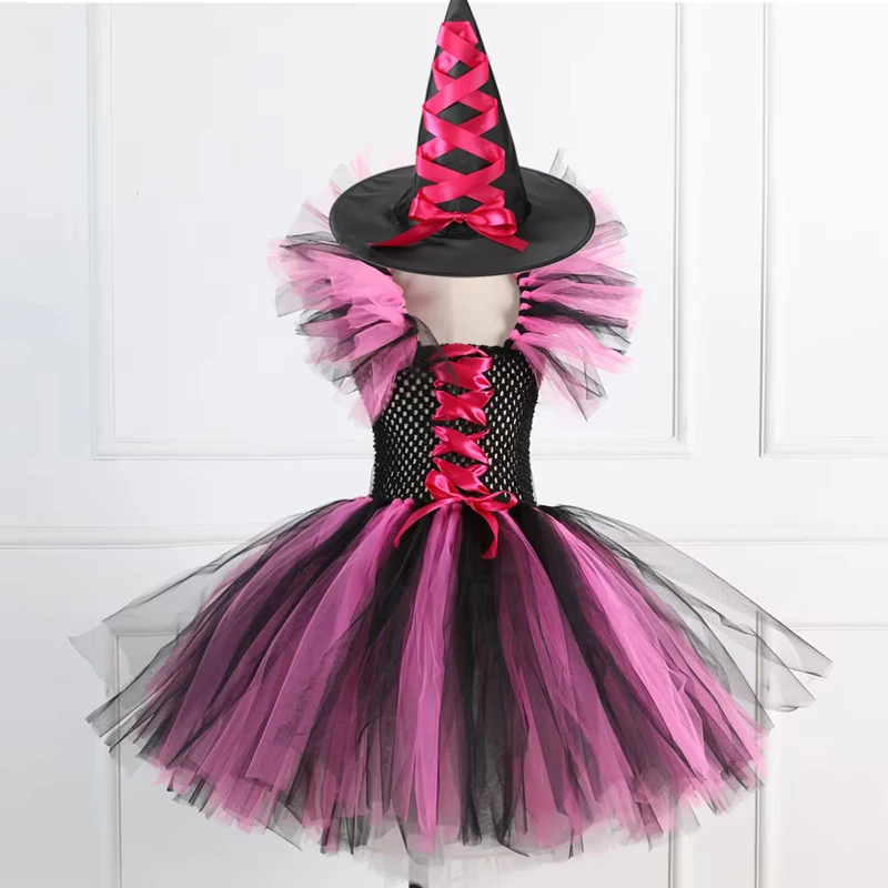 Girls Halloween Witch Costume Tulle Tutu Dress with Pointed Hat Kids Fancy Dress Outfit Carnival Cosplay Party Role Play 3 Color view 4