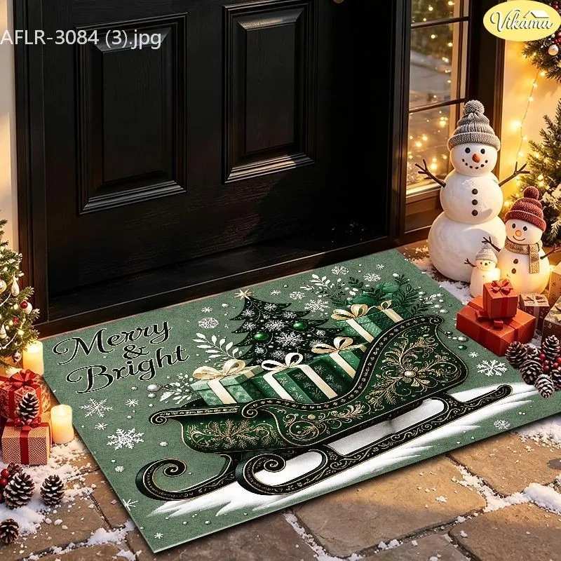 VIKAMA Christmas Doormat, Golden Sleigh with Gifts Tree, Sage Green, Snowflakes, Festive Printed, Soft Durable, Entryway