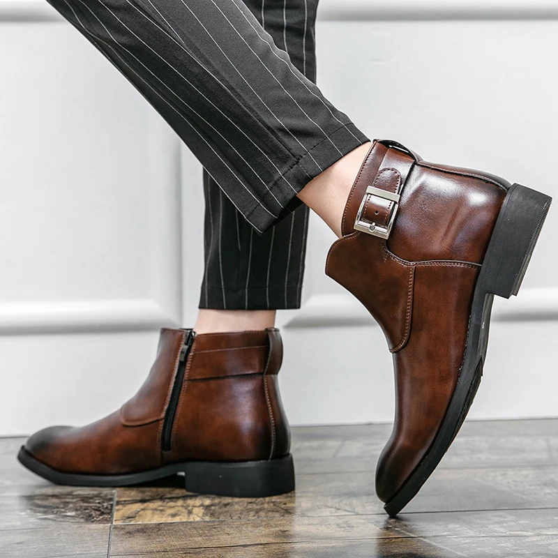 Primavera e outono grandes botas chelsea com zíper lateral esfregando cor negócios formal commuter simples casual botas na moda
