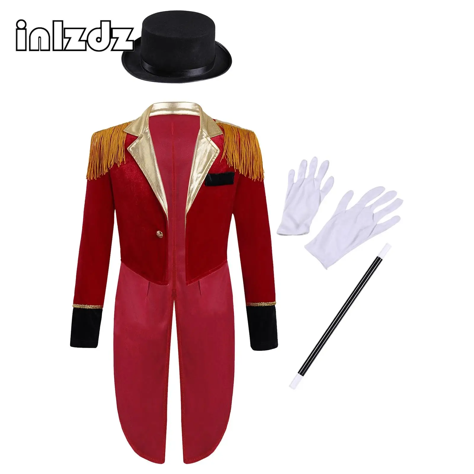 Kids Girls Boy Magician Costume Long Sleeve Tassels Shoulder Circus Ringmaster Tuxedo Halloween Carnival Cosplay Tailcoat Jacket