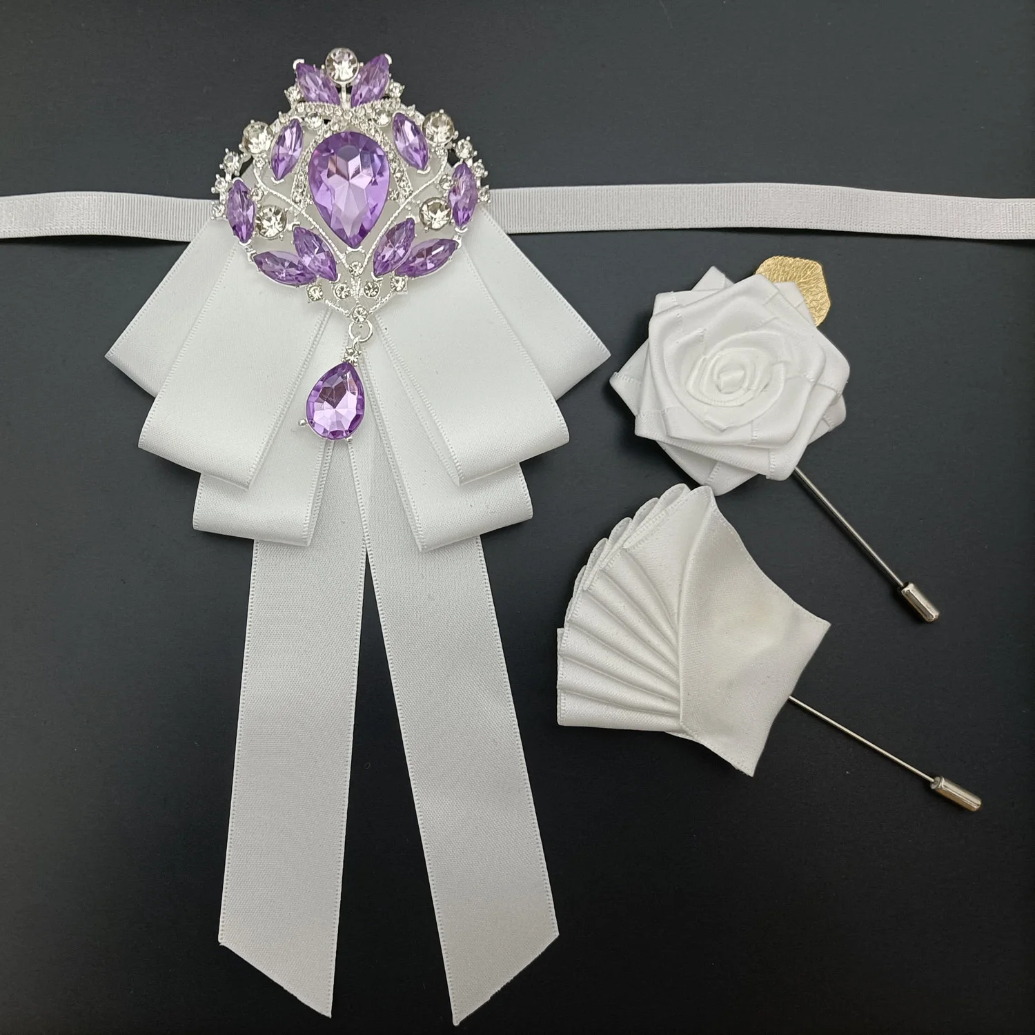 

New Luxury Rhinestone Wedding Bow Tie Brooch Pocket Towel Set Men's Business Banquet Suit Shirt Wedding Accessories 3-piece Set