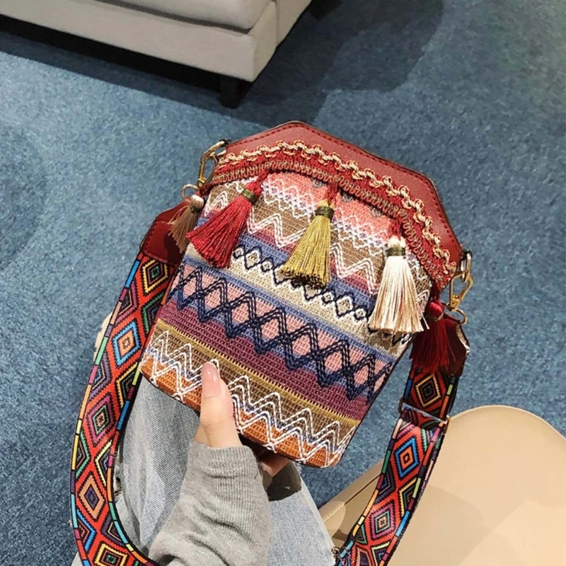 Женская винтажная этническая сумка на плечо с вышивкой в стиле бохо, хиппи, сумка-мессенджер с кисточками, пляжная сумка через плечо для девочек, кошелек для телефона, сумка