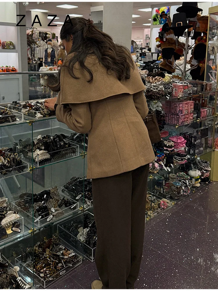Zaza شيك شال سترة صوفية للنساء كم طويل واحدة الصدر التلبيب معطف الرأس 2025 جديد سيدة الخريف الشتاء أبلى