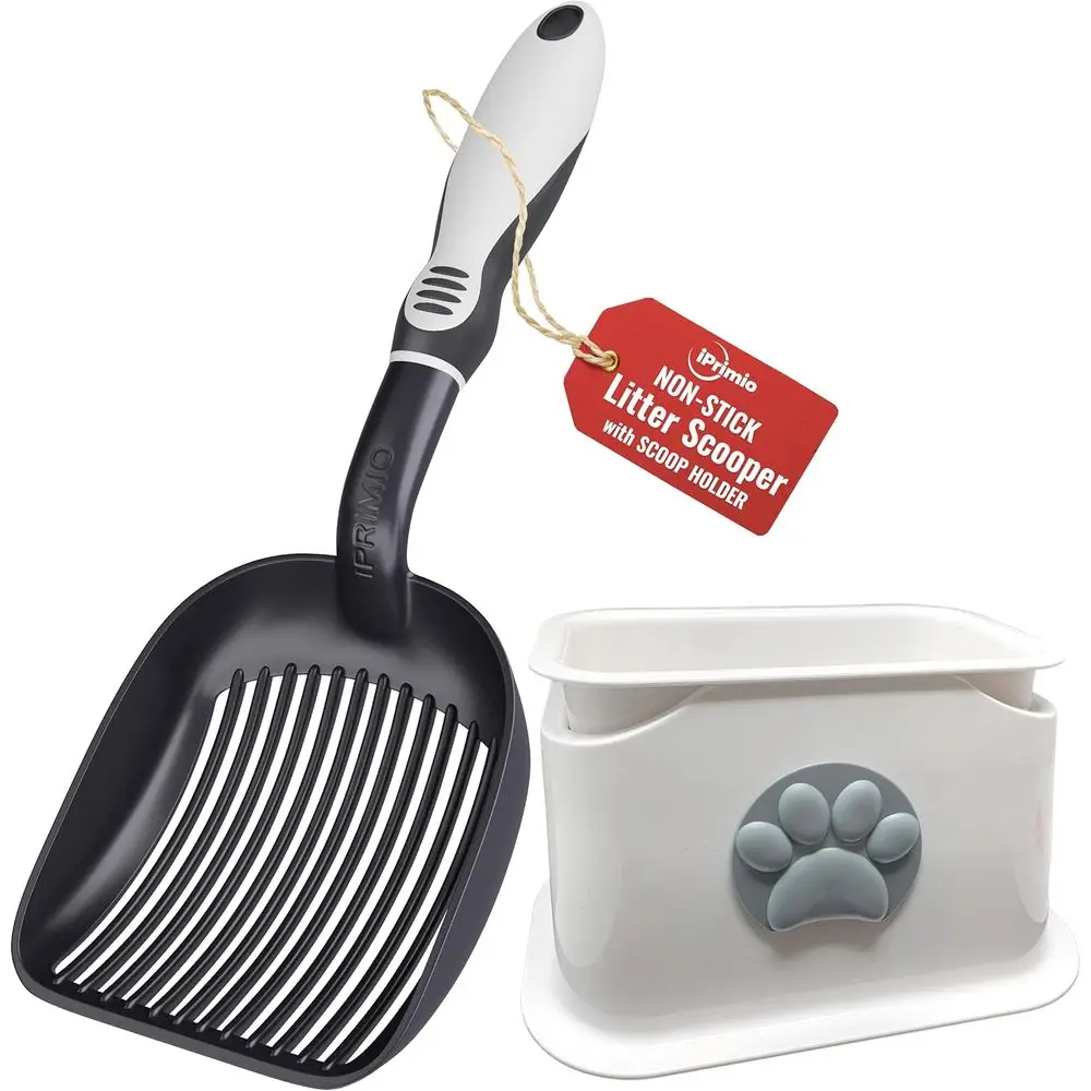 

iPrimio Unil Cat Litter Scooper Holder and Black Litter Scooper Bundle - Non Stick Plated Durable Cat Litter Scooper - Stable Sc