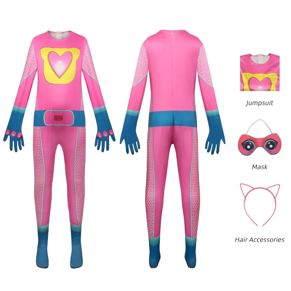 

SuperKitties Ginny Cosplay Costume Kids Pink Bodysuit Mask Hair Accessories Full Set Girls Role Play Jumpsuit Halloween Party