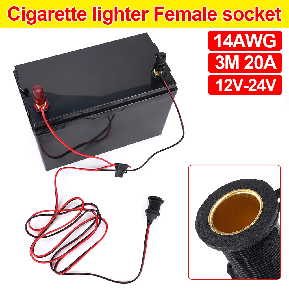 12V 24V Car Motorcycle Truck Bus Cigarette Lighter Socket Charger Cable Connector Adapter with 20A Fuse 14AWG Charge Cable Wire