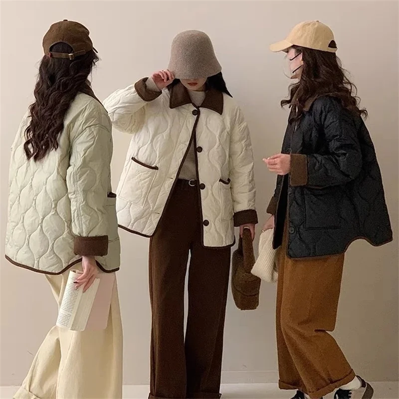 

Winter Xiaoxiangfeng Lightweight Short Down Cotton Jacket for Women Style Color Contrast Collar Lingge Cotton Coat Winter Coat