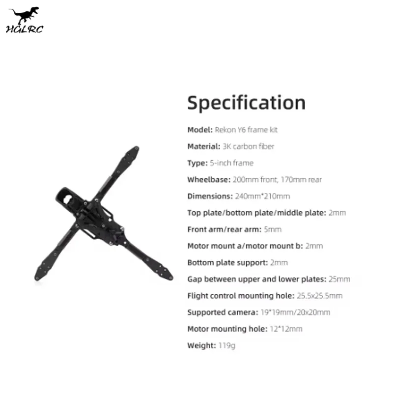 HGLRC Rekon Y6 5-inch framekit Y-type lange uithoudingsvermogen 3K koolstofvezel compatibel analoog/O3/O4/maanlichtkit VTX