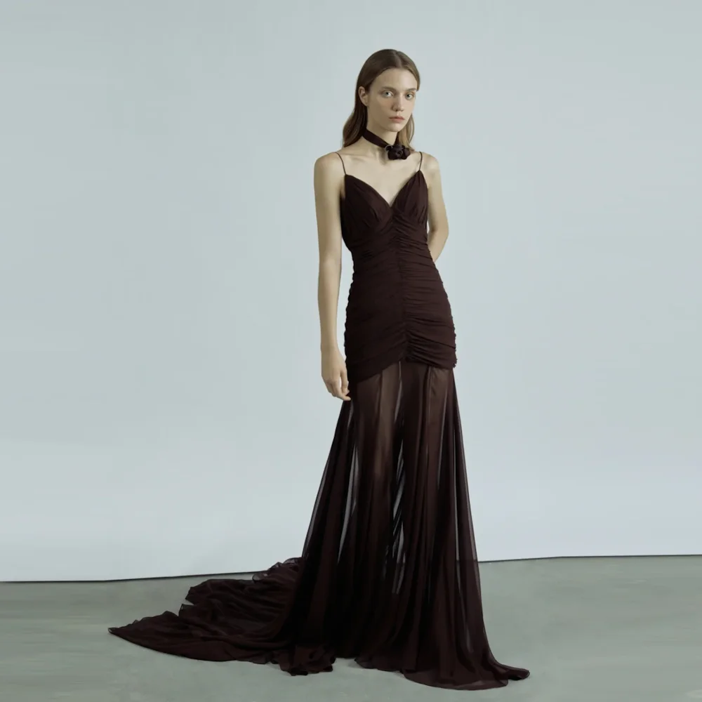 ROSELLA Brown Sweetheart Spaghetti Straps Evening Dresses Sweep Train A Line Pleated Backless Formal Gown Korean New 2023