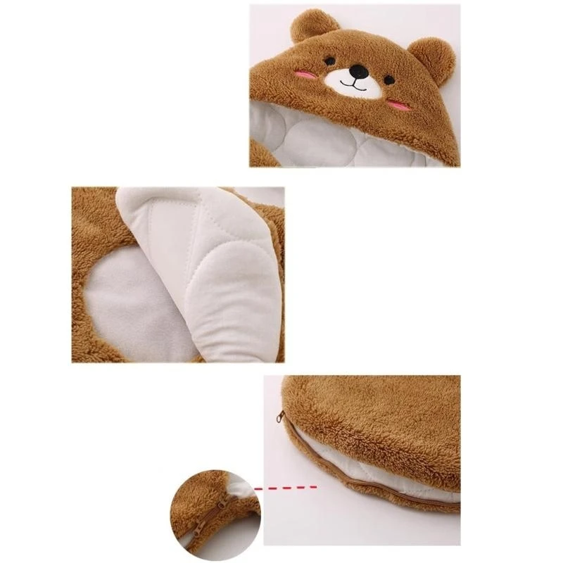 J15U Infant Swaddles Blanket for Baby with Convenient Zippered Designing Easy Diaper Changing Cartoon Bear Hooded Wrap Towel