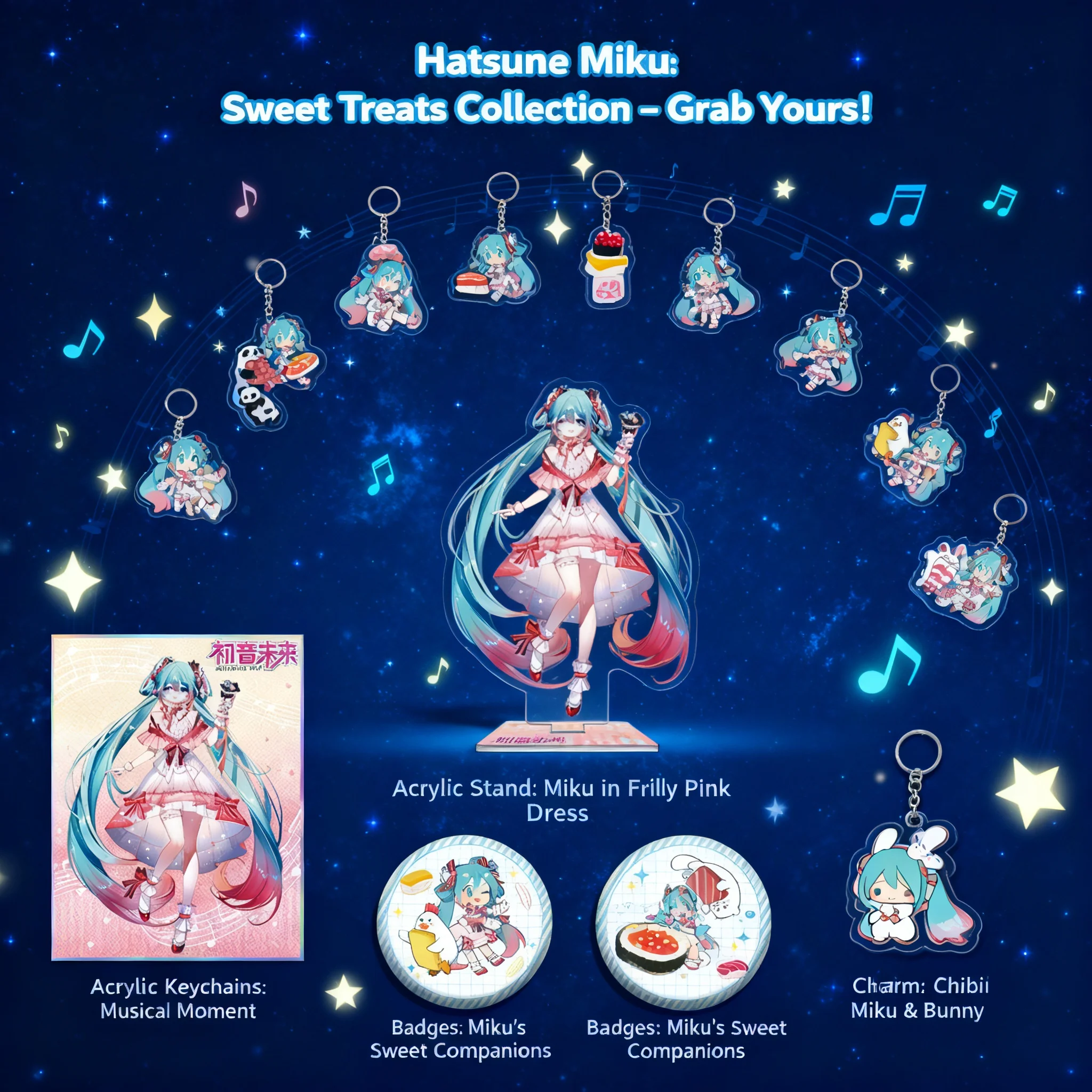 

Miku Hatsune Sushi Chef Collaboration Acrylic Stand Clear Card Bead Chain Keychain Double Flash Badge Anime Merchandise Gift