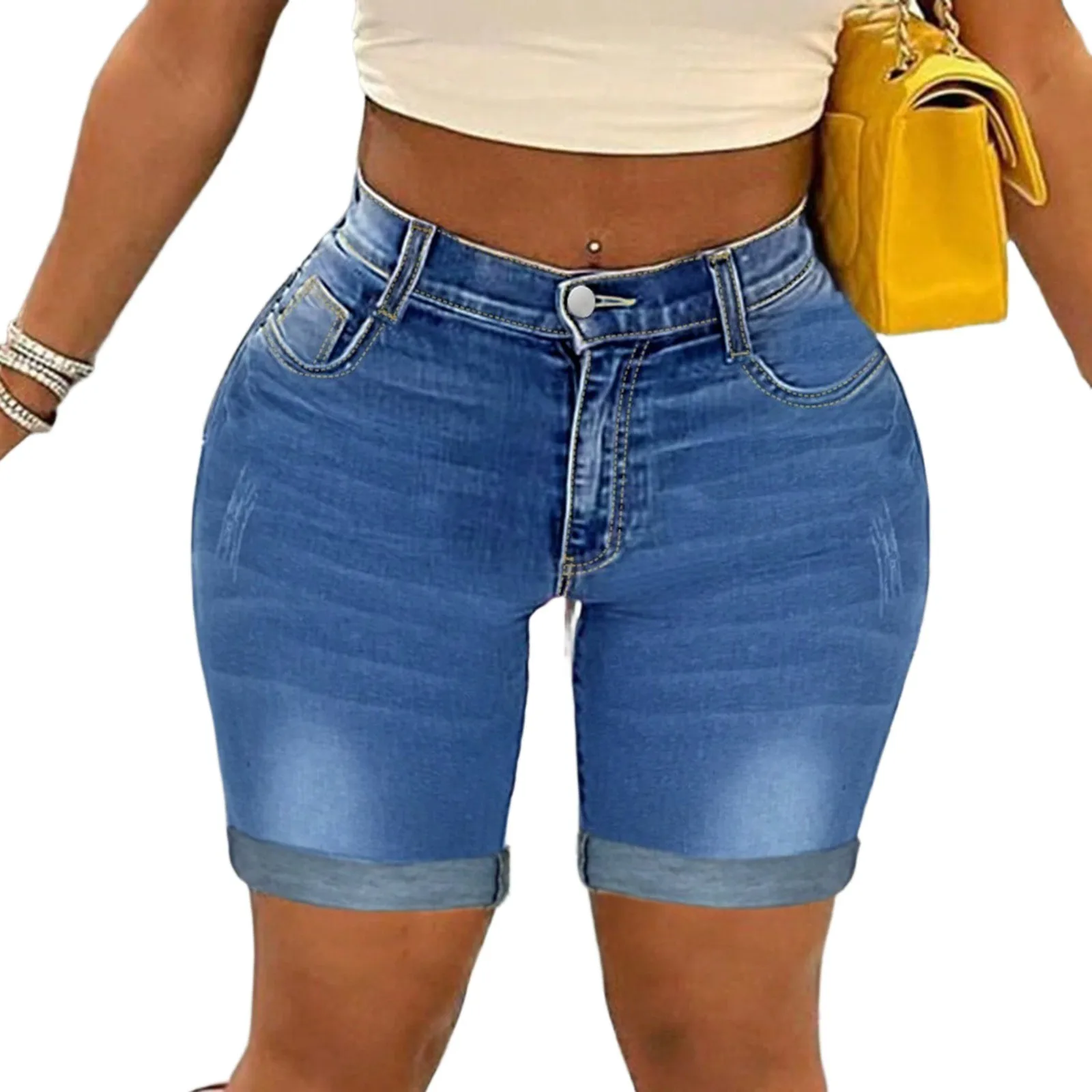 Dżinsy Damskie Vintage Szorty Do Kolan Elastyczne Z Wysokim Stanem Sprane Postarzane Kieszenie Denim Proste Krótkie Spodnie Streetwear