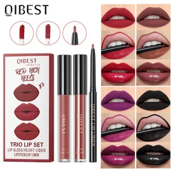 QIBEST-Juego de pintalabios líquido de 3 piezas, delineador de labios, maquillaje de terciopelo Nude, brillo de labios, tinte de labios de larga duración, Kit de cosméticos, novedad de 2023