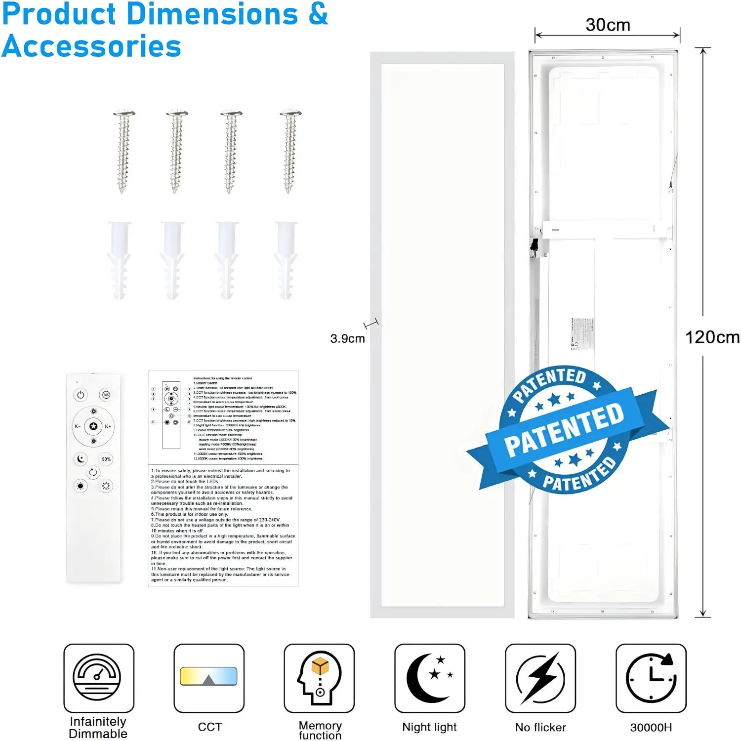 LED-Panel-Leuchte 120x30cm dimmbar mit Fernbedienung, 36W 3960LM Deckenlampe mit Speicherfunktion, 3000K-6500K für Wohnzimmer & Schlafzimmer – Detail 4