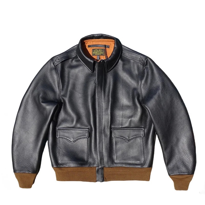 Black Winter Leather Jacket Men Military Style Plus Size 5XL Genuine Natural Thick Cowhide Turn-Down Collar A2 Flight Coat