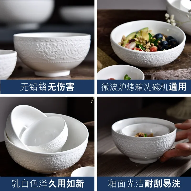 Nordic Ceramic Large Simple Round Soup Rice Ramen Bowl White Porcelain Embossed Salad Instant Noodles Bowl Kitchen Tableware