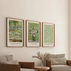 Green Monet Van Gogh Abstract Floral Gallery Wall Poster Eclectic Vintage Canvas Painting Soft Plants Home Decor Wall Art