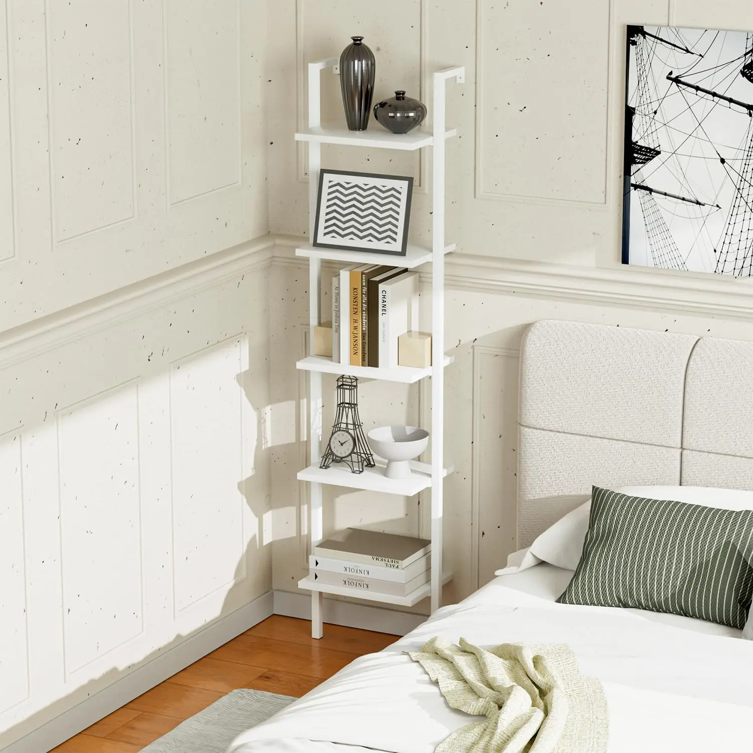 

Industrial Ladder Shelf, 5 Tier Book Shelf, Open Space Wall Mount Bookshelf with Metal Frame, Sturdy Book Shelves, Bookca