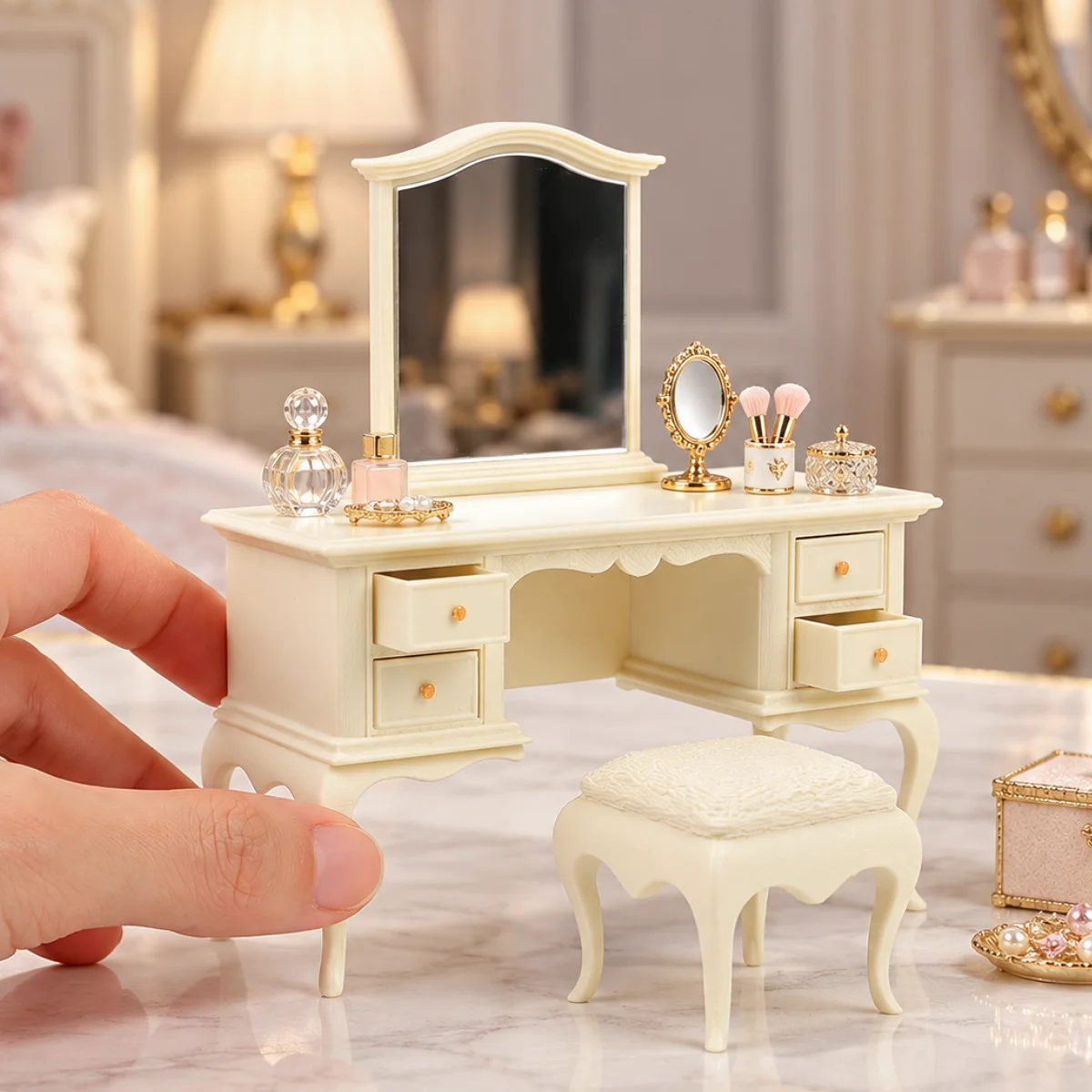 Dollhouse Furniture, Miniature Furniture, Dollhouse Miniature Models, 1:12 Scale, 1/12 3D Printed Dressing Table with Chair, Dressing Table and Chair Set, Makeup Table, Mini Bedroom Furniture, Bedroom Decoration, Minia