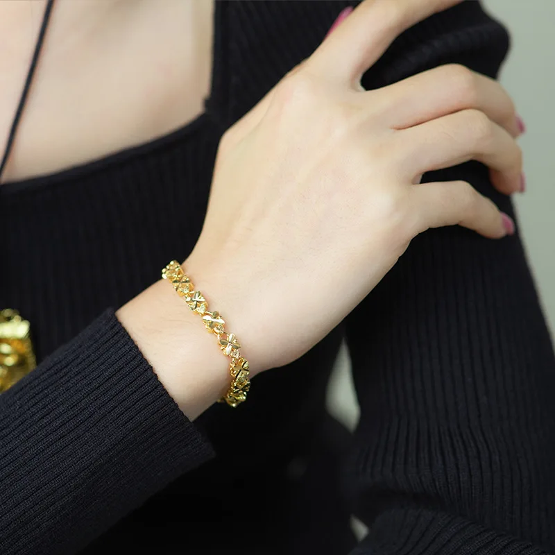 Pulsera de plata de ley 925 con trébol de cuatro hojas, brazalete de oro de 24K, 6mm, adecuado para regalos de joyería para mujer