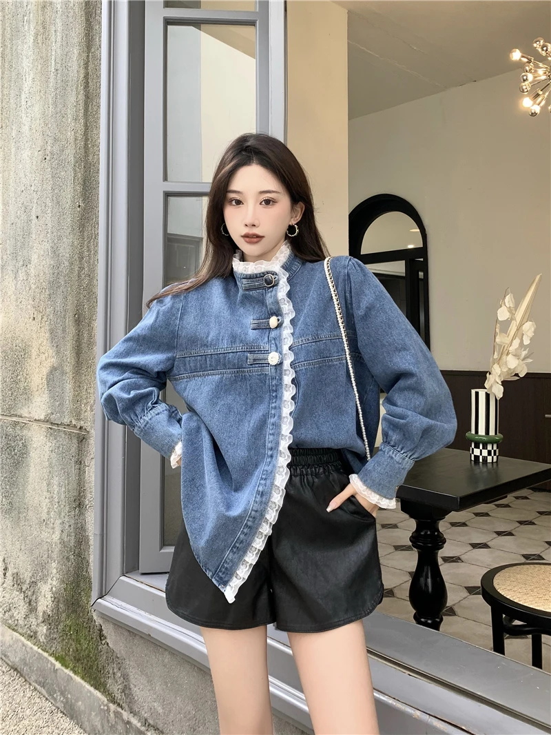 2022 Spring Lace Denim Shirt Women Fashion Patchwork Long Sleeve Blouse Female Loose Stand Collar Button Down Jean Shirts Woman