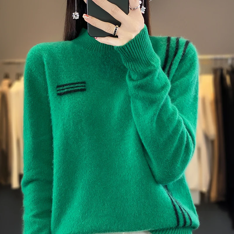 New autumn and winter 100% merino cashmere sweater women's semi-high neck pullover knitted bottoming shirt warm plus size coat