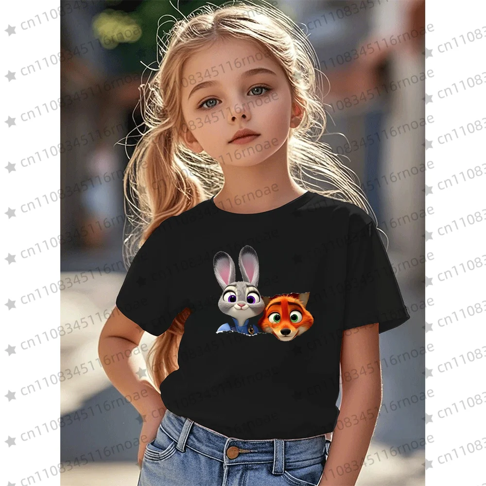 ديزني Zootopia 2 الأطفال قصيرة الأكمام تي شيرت أزياء لطيف الأرنب والثعلب الكرتون تصميم الفتيات والفتيان الملابس