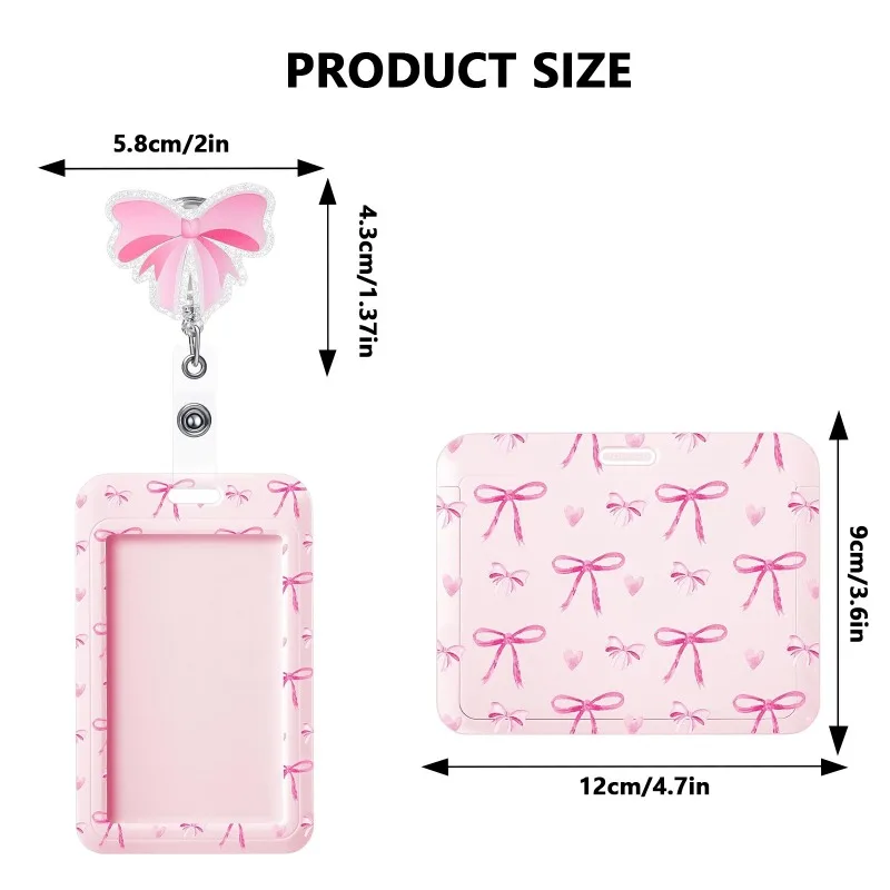 Retractable ID Badge Reel Worker Women Card Holder Set Pink Color Bow Print ABS Card Holder with 360° Spin Clip Office Supplies