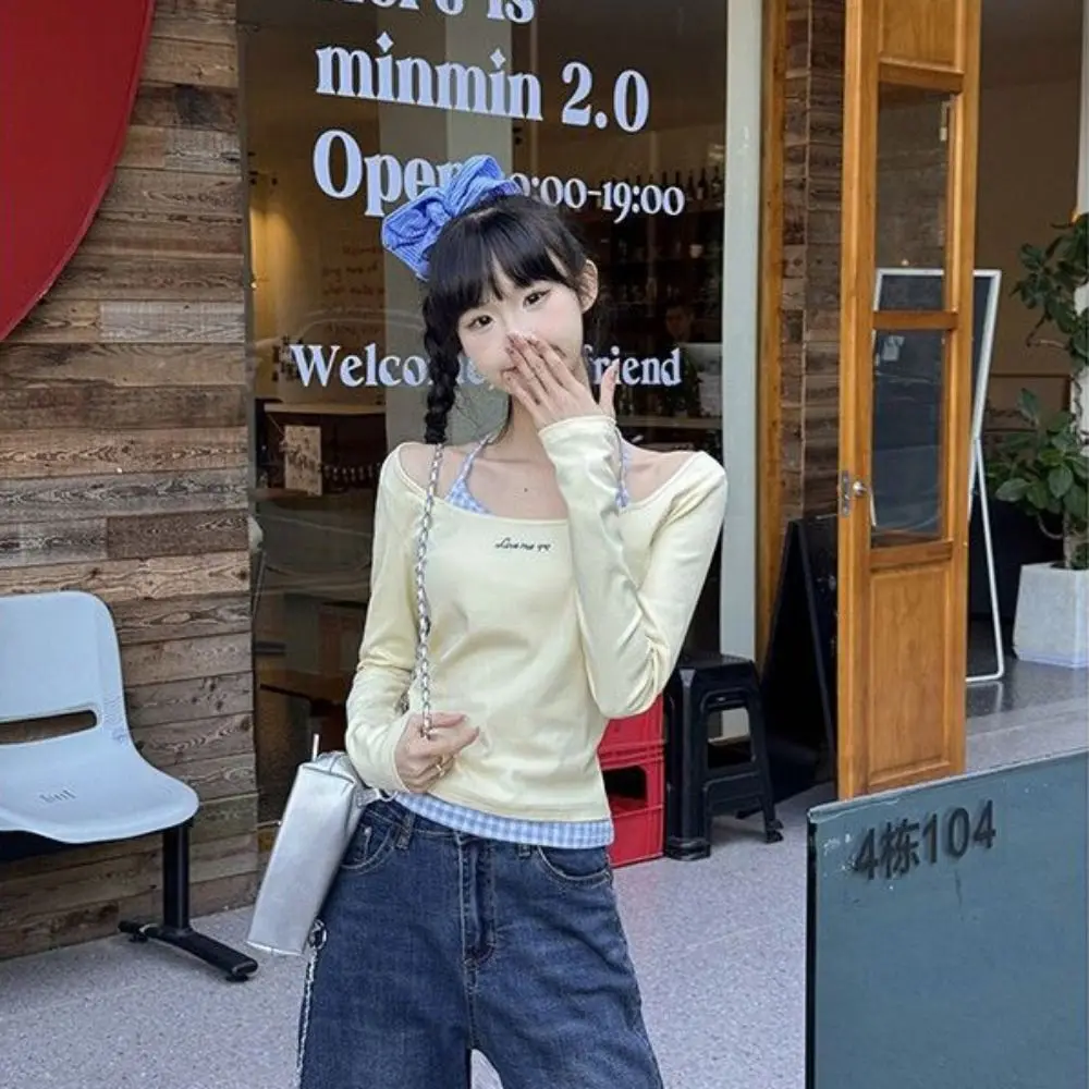 موضة الأزرق شبكة طويلة الأكمام تي شيرت بسيط قميص سليم رقيقة البلوز الدانتيل قاع قميص المحاصيل الأعلى النساء Y2k الإناث #4