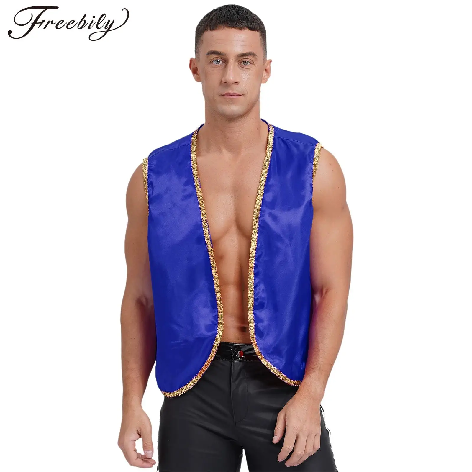 Mens Halloween Arabian Prince Cosplay Costume Stain Vest Shiny Gold Trim Waistcoat Cardigan Theme Party Indian Role Play Clothes