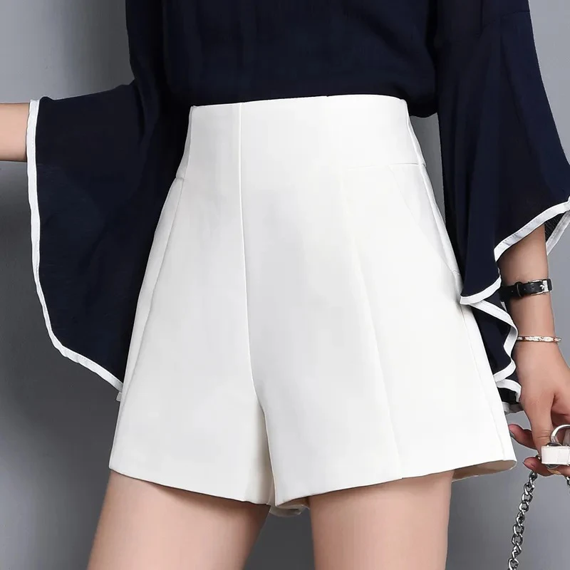 Suit Shorts Women High Waist A-line Shorts Spring Summer Casual Loose Wide Leg Chiffon Shorts Lady Black White