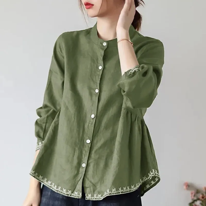 

Spring Summer High End Stand Collar Ladies Shirt Cotton Linen Long Sleeves Blouse A Word Loose Cover Belly Jacket Women Clothing
