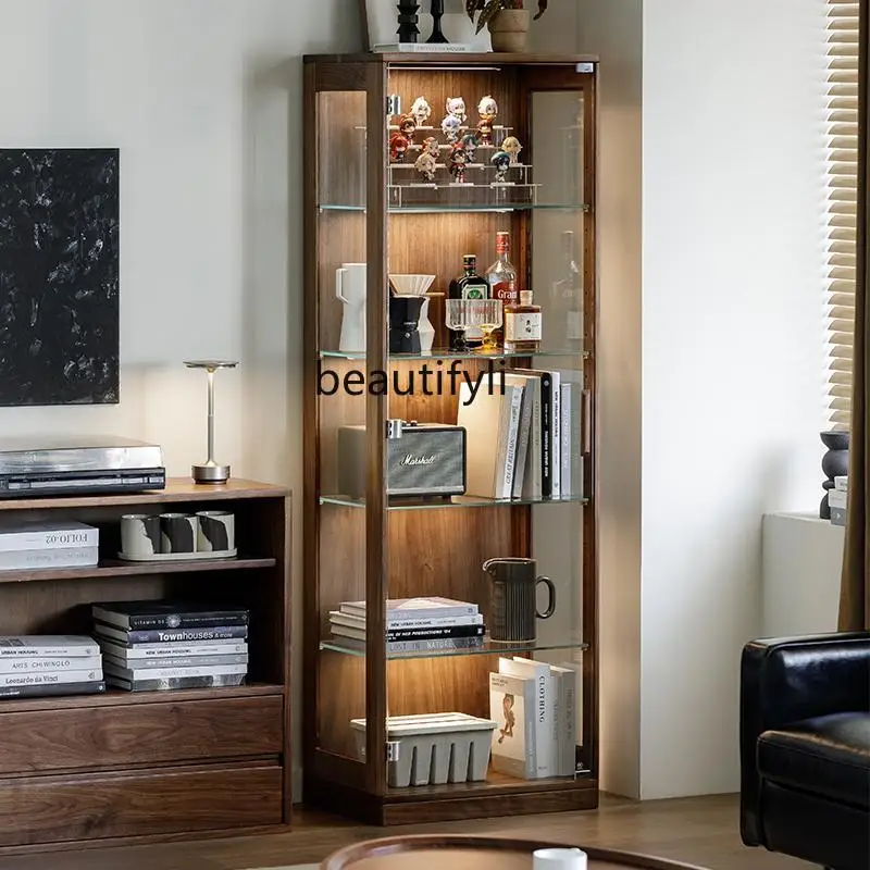 

Black walnut glass display cabinet all solid wood living room bookcase TV side cabinet floor