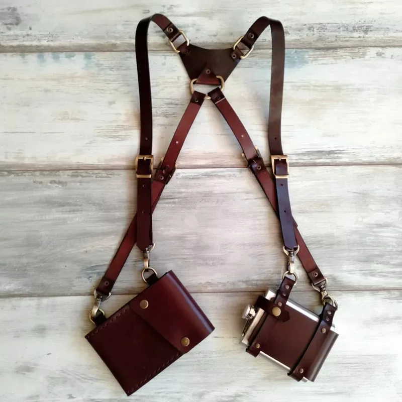 Medieval Steampunk Leather Shoulder Harness Bag Vintage Phone Money Pocket Flask Holster Viking Cosplay Festival Purse Wallet
