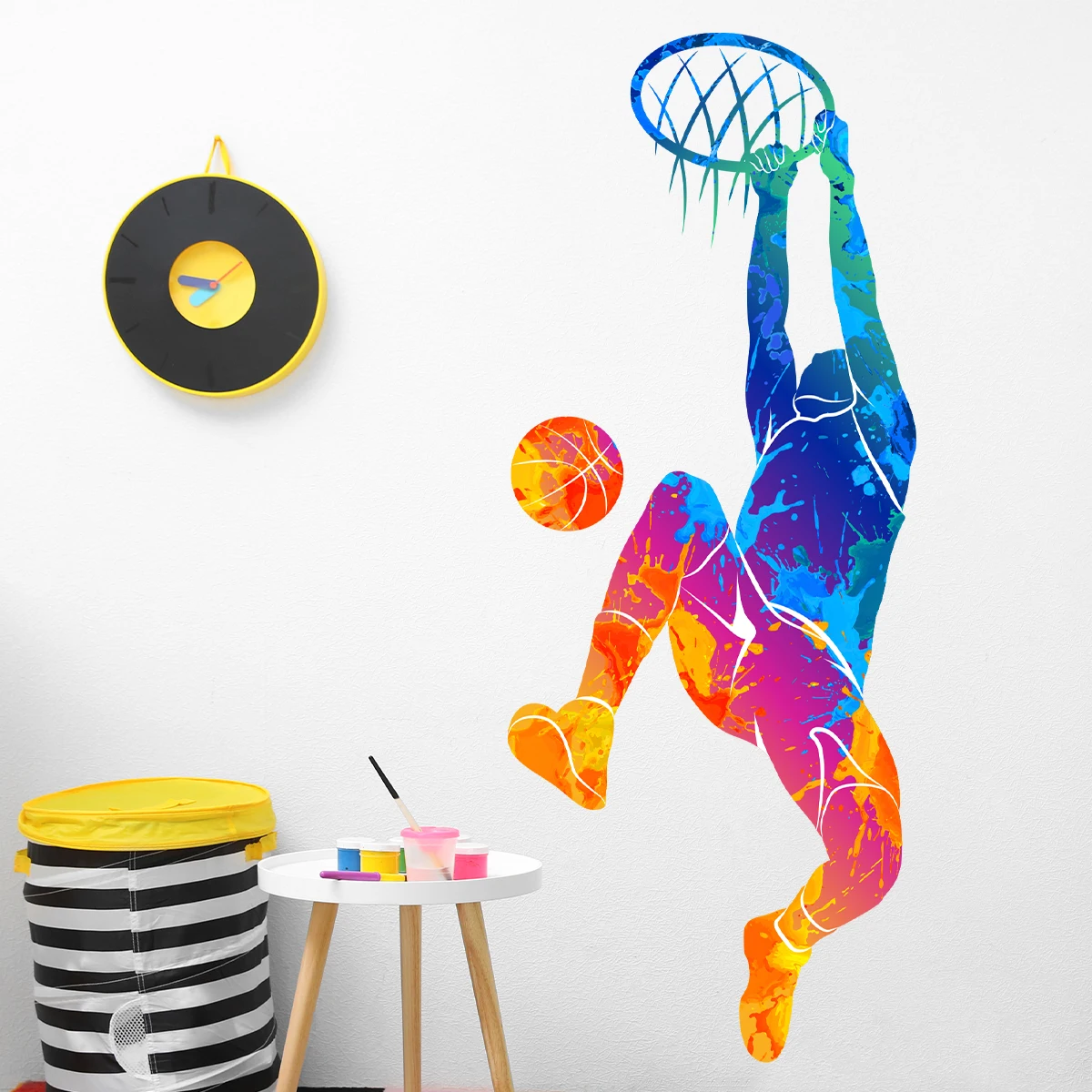 1 Stück PVC selbstklebende Basketball-Wandaufkleber für Jungenzimmer, Heimdekoration, Aquarell, Graffiti, Slam Dunk-Muster, Wandaufkleber
