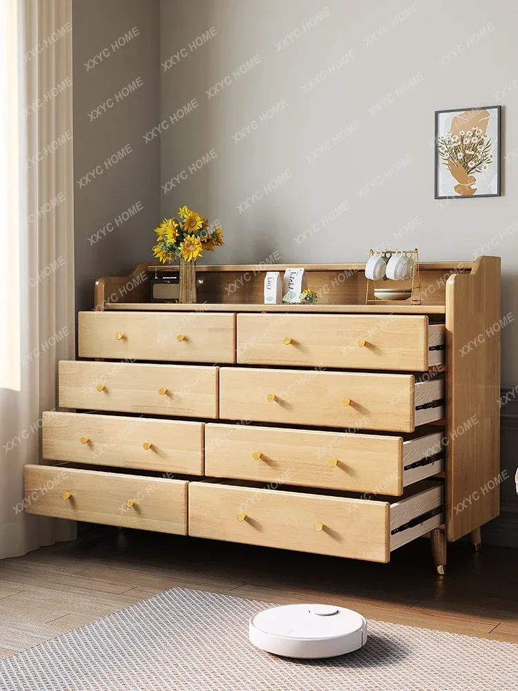 Nordic Solid Wood Chest of Drawers Rattan Tea Cabinet Living Room Wall Locker