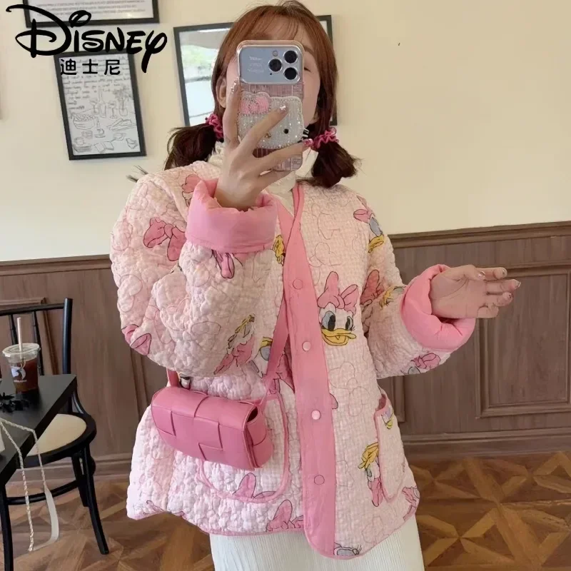 New Disney Donald Duck Pink Jackets Women Autumn Winter Cotton Sweet Coat Korean Style Fashion Cardigan Tops Y2k  Clothing Gifts