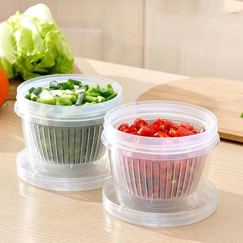 Kitchen Refrigerator Storage Box Fresh-Keeping Box Vegetable Food Basket Drain Sealed Crisper Double-layer Round