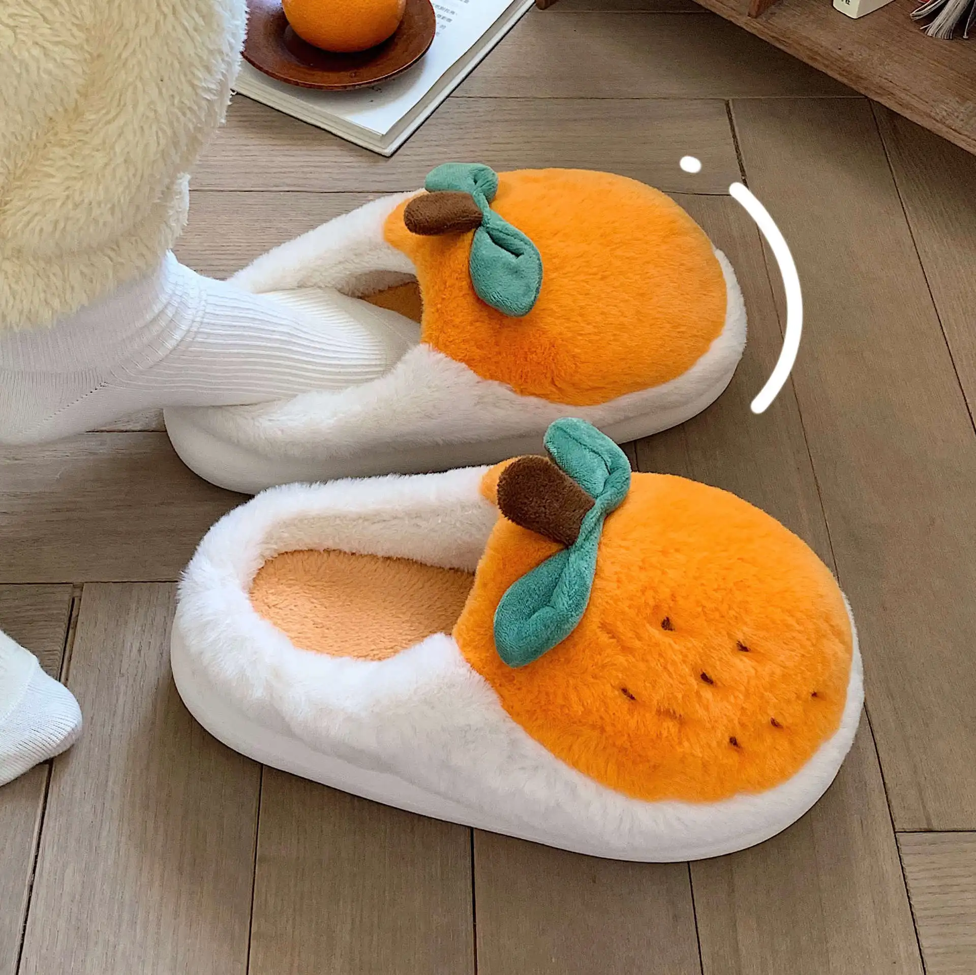 Cartoon Cute Plush Orange Cotton Slippers Women's Winter Home Indoor Warm Soft Bottom Bedroom Non-slip Slippers